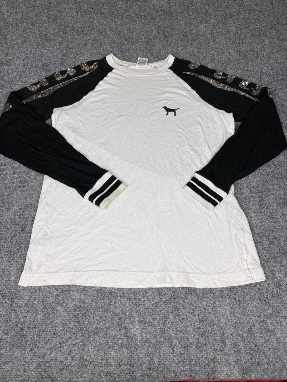 PINK Victoria's Secret White Body Black Raglan Long Sleeve Tee with Sequin Logo